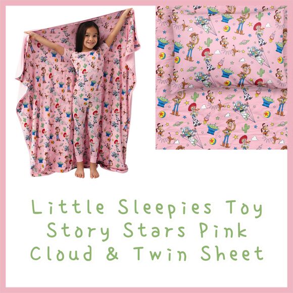 Little Sleepies Disney Toy Story Stars Cloud Blanket and Twin Sheet Pink NIB
